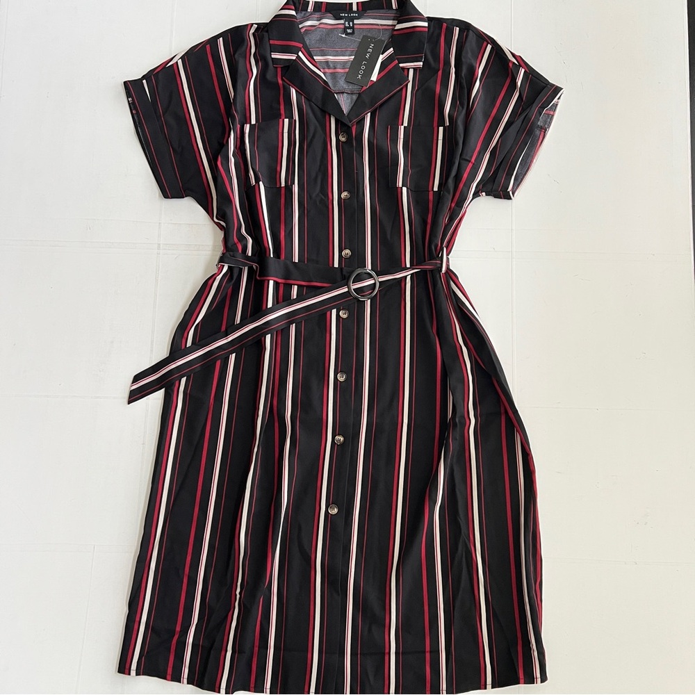 New NEW LOOK Button Down Belted Bold Striped Midi Dress Women’s SIZE 18